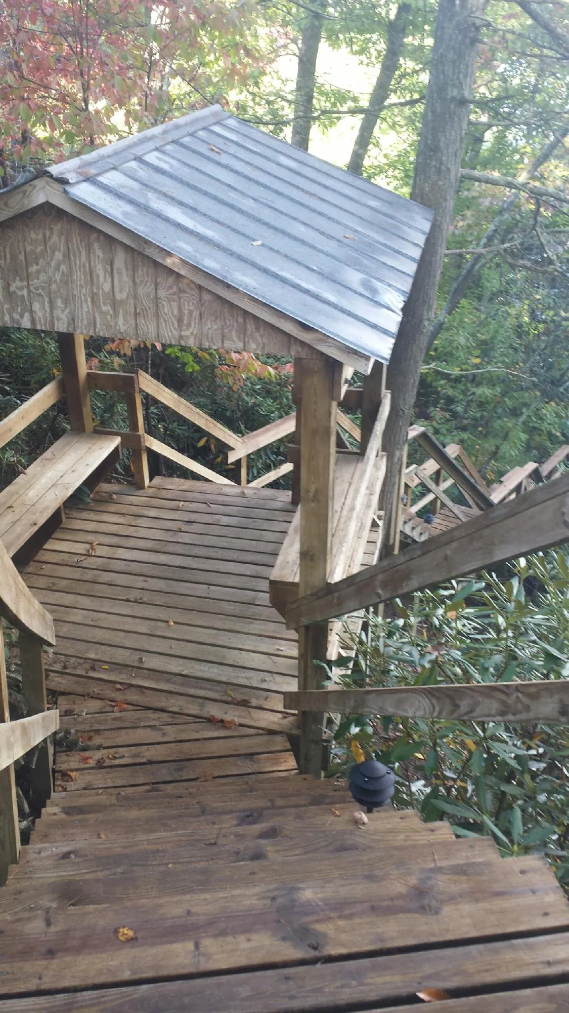 Metal roofed shelter over wooden steps on a wooded walkway — Skylight Repair & Installation work by our crew in Mickleton